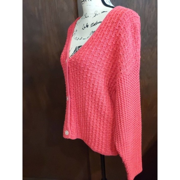 Vintage Boundary Waters Chunky Cardigan Sweater V Neck Barbie Pink Womens Medium - Picture 2 of 6